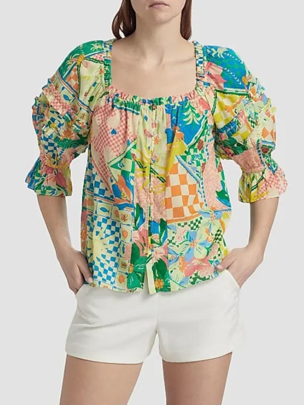 NWT Ramy Brook Garden Lula Patchwork Print Button Front Top Size Medium